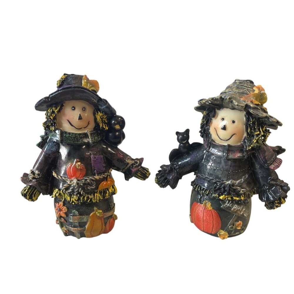 Festive Autumn Scarecrow Figurines Pair Pumpkin Cat‎ Rustic Harvest Decor Set